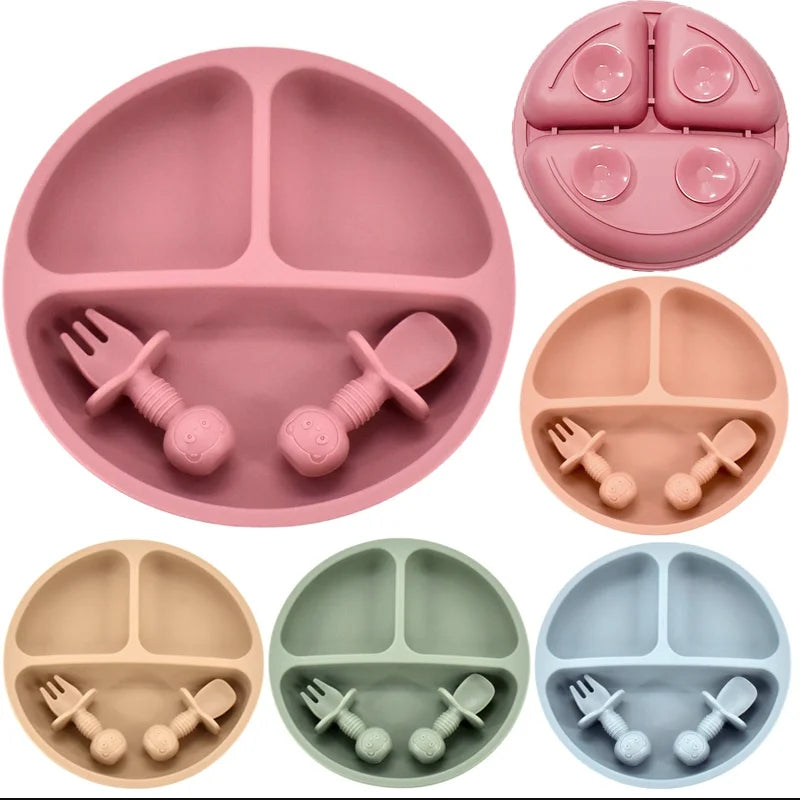 3/4 PCS Baby Silicone Plate+Spoon+Fork Set Solid Cute Color Grid Children Dishes Toddle Training Tableware Kids Feeding Stuff