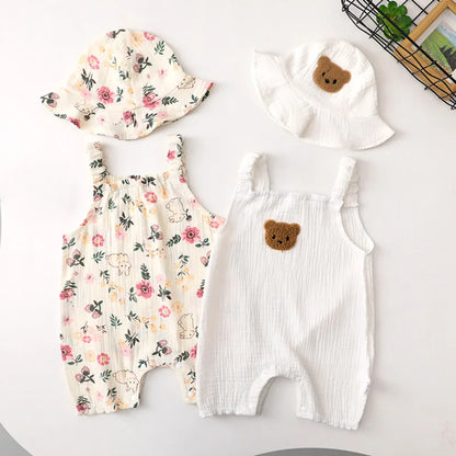 Summer Baby Girls Romper with Hat Cartoon Cherry Bear Jumpsuits Infant Sleeveless Muslin Clothing for Boys Bunny Printed Outfits